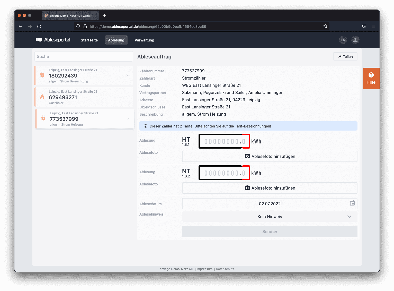 Ableseportal: Zählerdetails